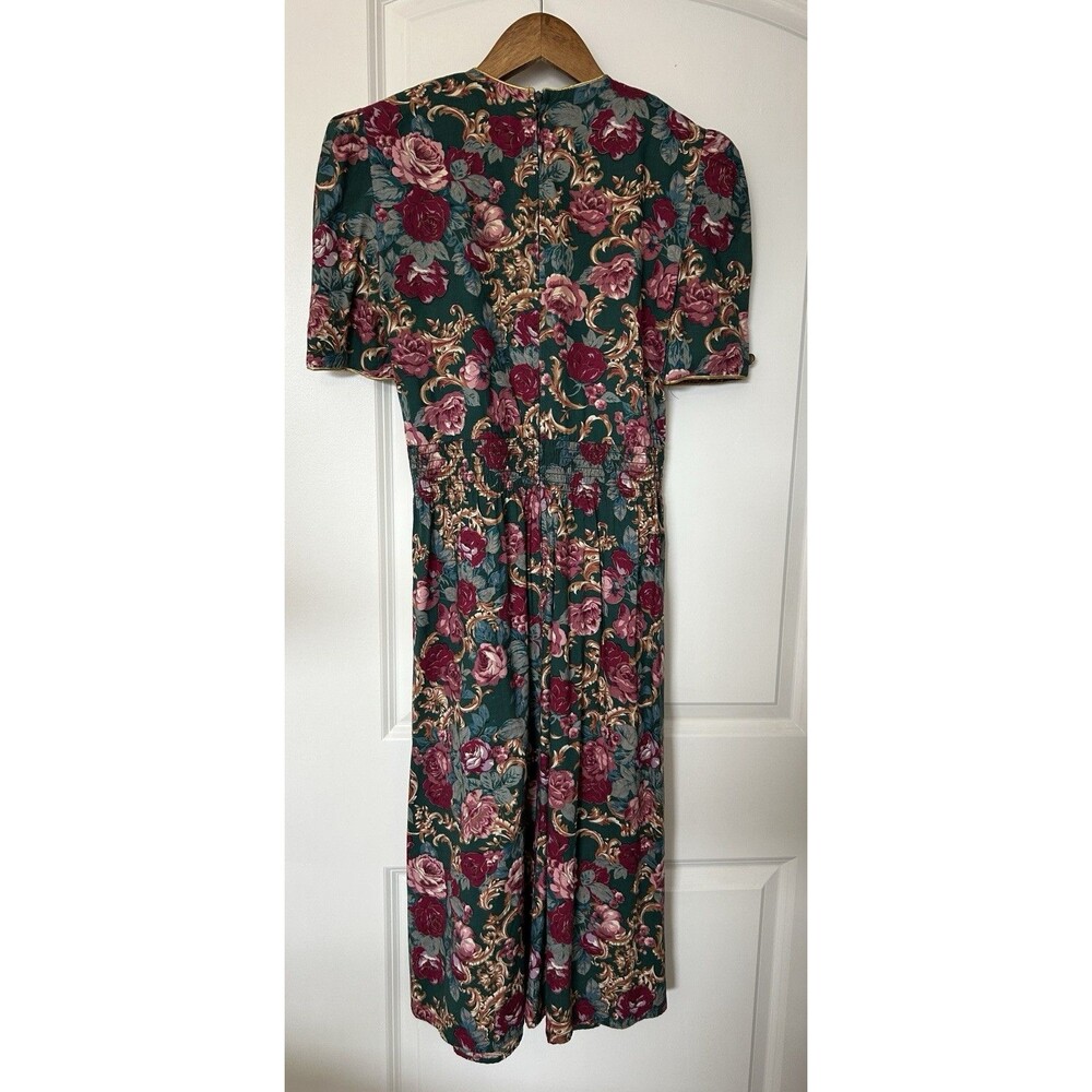 Vintage Romantic Floral Midi Dress Size 6 Green Roses Pearl Buttons 80s Bold - Picture 6 of 14